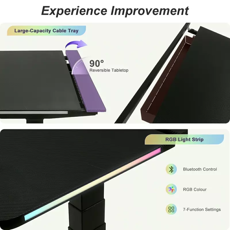 GD-2TDIF3 gaming desk with cable tray and RGB light strip