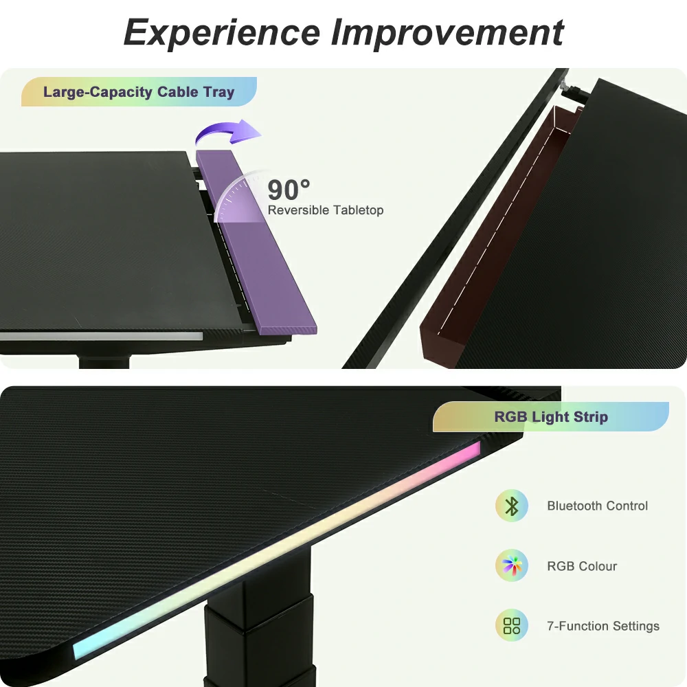 GD-2TDIF3 gaming desk with cable tray and RGB light strip
