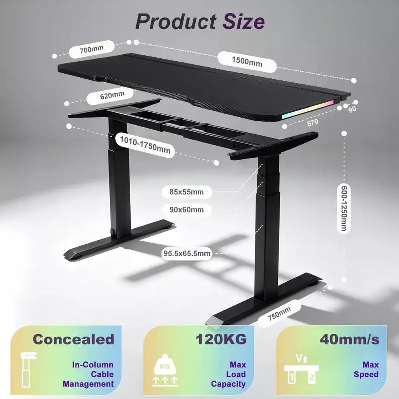 GD-2TDIF3 gaming standing desk dimensions and specifications