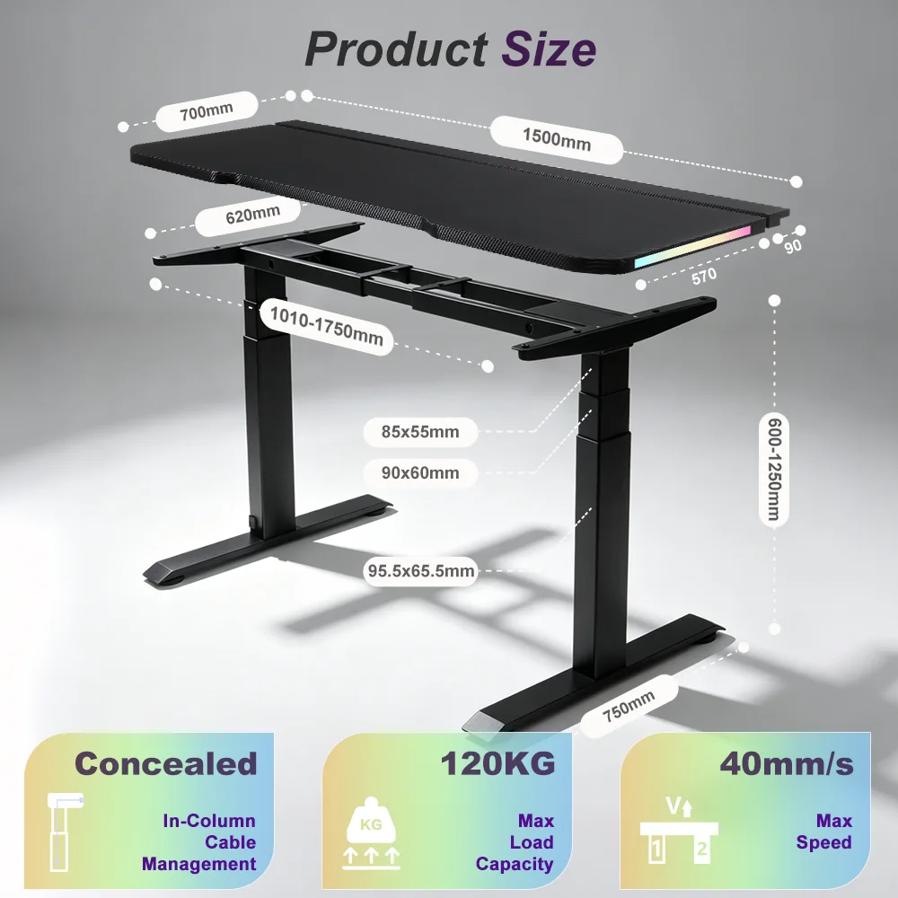 GD-2TDIF3 gaming standing desk dimensions and specifications