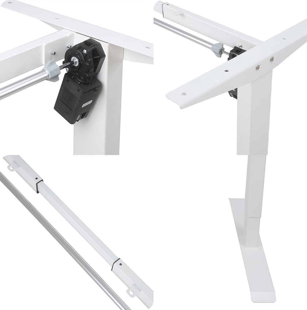 Close-up of 2SABRF2(A) standing desk frame showing brushless motor housing, transmission rod, and telescopic crossbar.