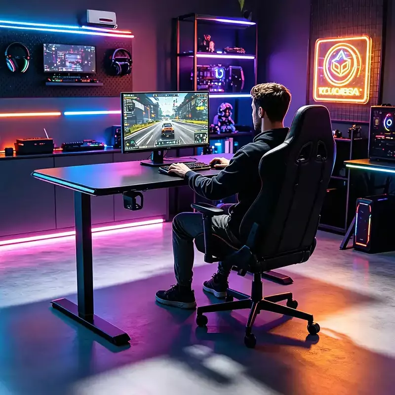 RGB single motor gaming standing desk in an esports room