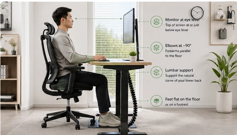 B&uuml;roangestellte passen die Schreibtischh&ouml;he und die Stuhlunterst&uuml;tzung an, um einen ges&uuml;nderen ergonomischen Arbeitsplatz zu schaffen
