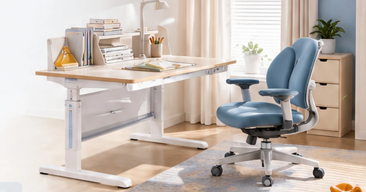 Children’s adjustable study desk with ergonomic chair in a bright learning room