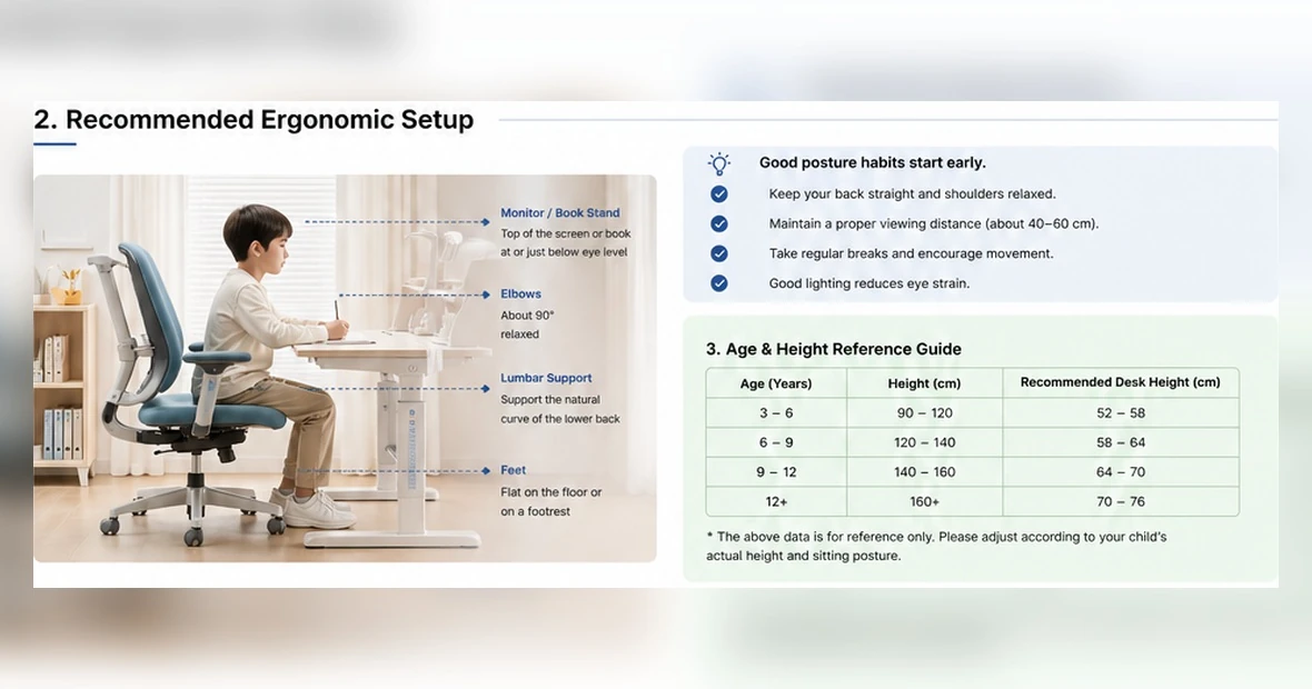 Ergonomic study desk posture setup for children with desk height, chair support and monitor position guide