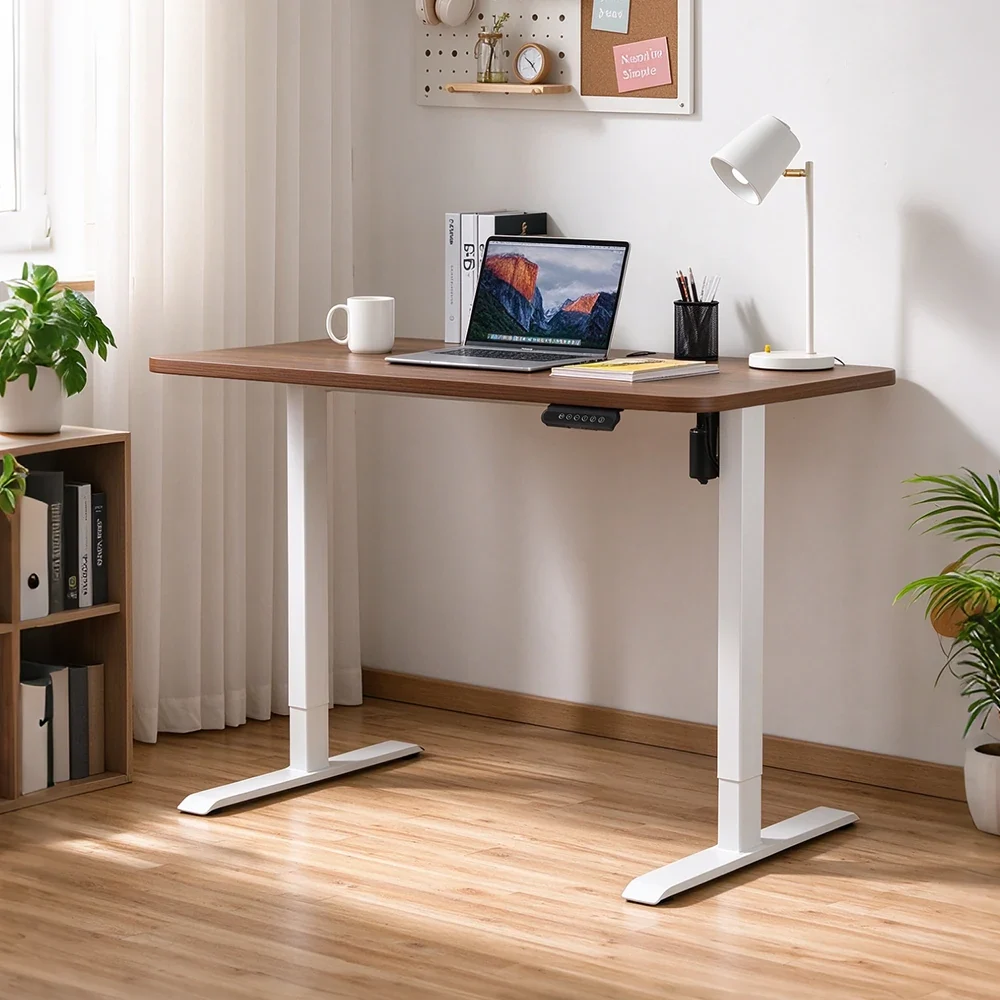 2SACRF2(G) standing desk with a white frame and wood-look desktop in a home office