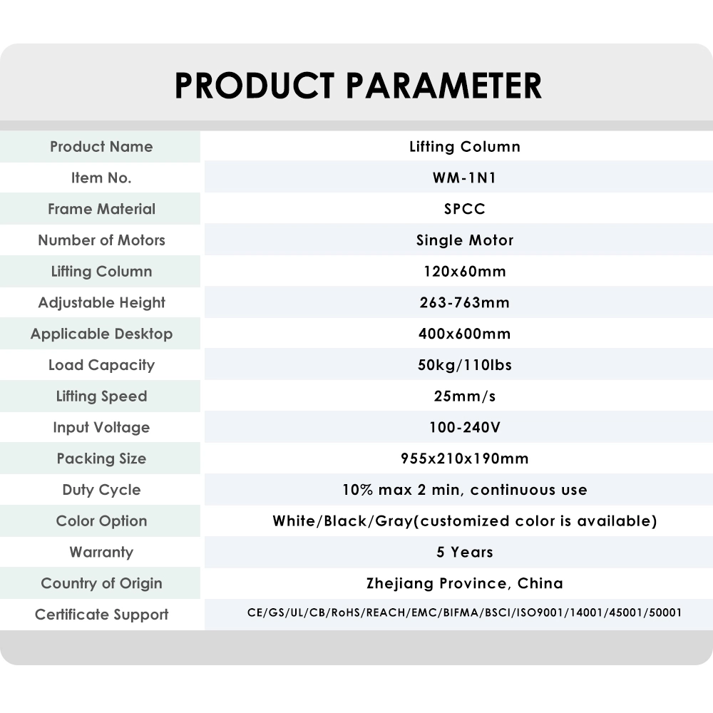 NT33-WM-1N1 embedded lifting column product parameter table