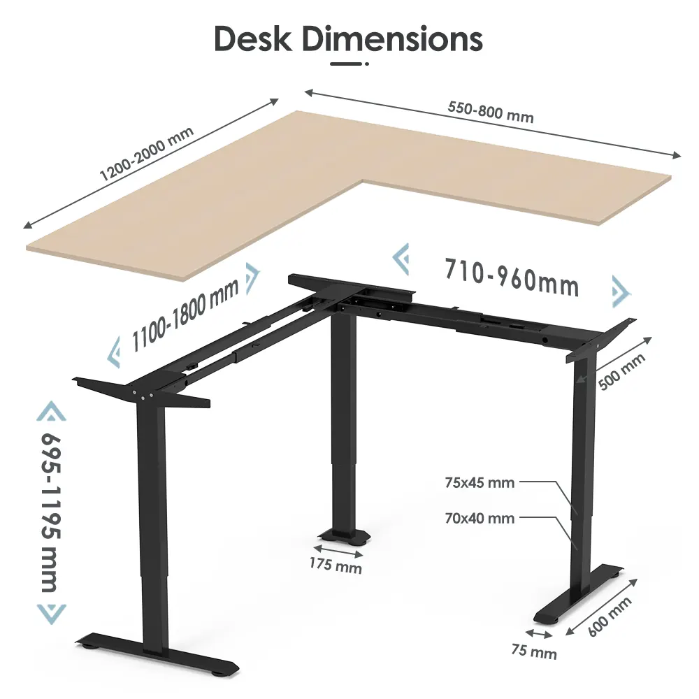 NATE 3JRF2 L-shaped standing desk frame dimensions