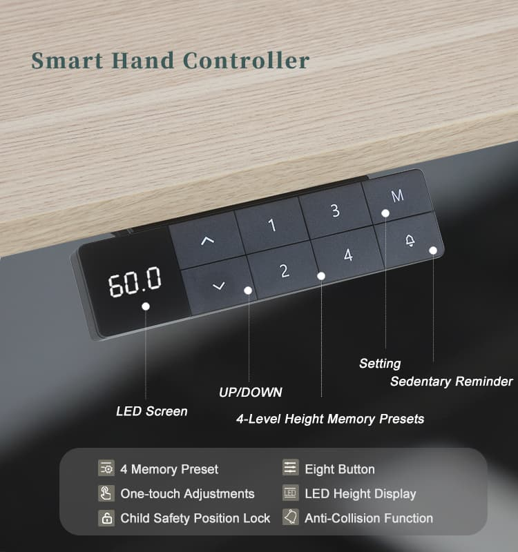Smart LED memory handset for electric standing desk with 4 height presets and child safety lock.