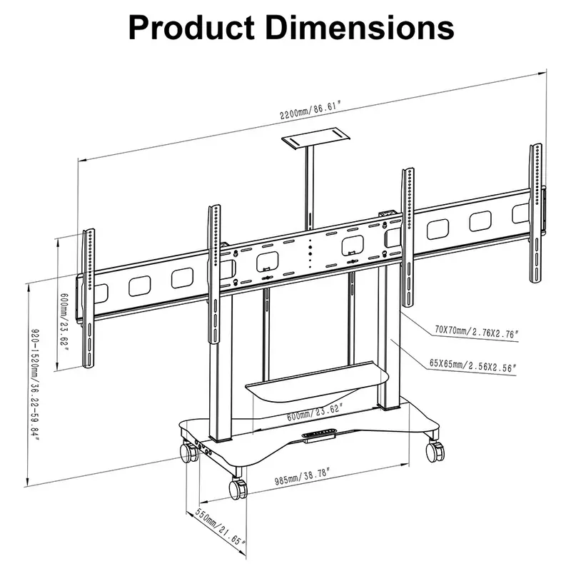 NATE 2YDTV(E) motorized TV lift stand product dimensions