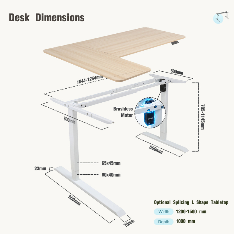 NT33-2SACRF2(D) L-shaped standing desk frame dimensions