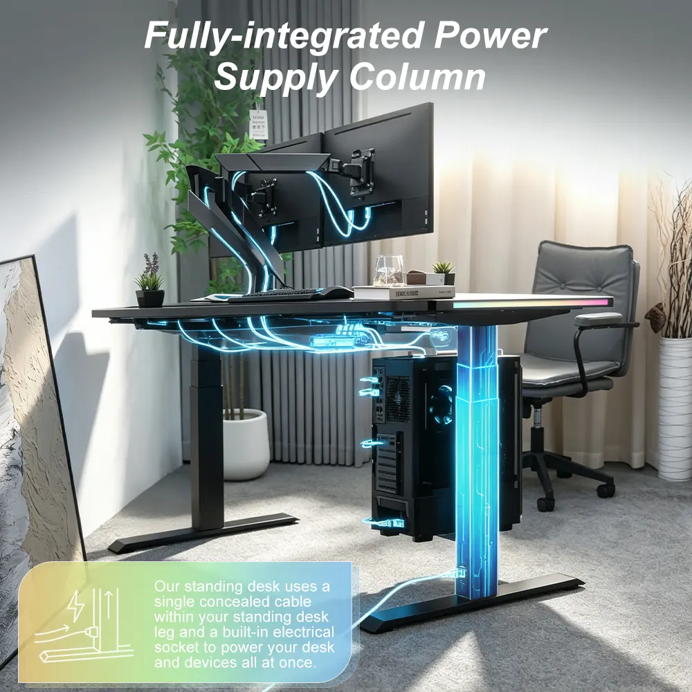 Gaming standing desk with fully integrated in-column power routing