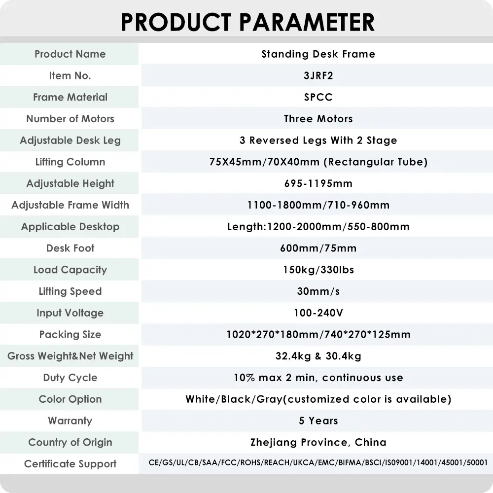 NATE 3JRF2 three-motor standing desk frame product parameters