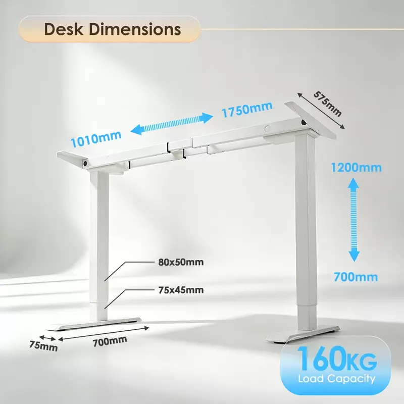 NATE 2JRF2 standing desk frame dimensions and 160kg load capacity