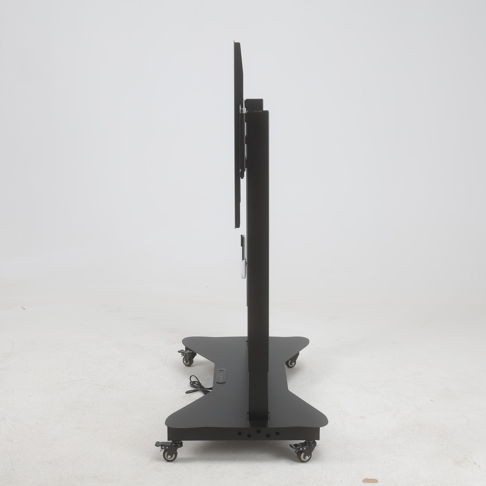 Side profile of the 2YDTV(D) height adjustable TV trolley highlighting its slim structure and heavy-duty caster wheels.
