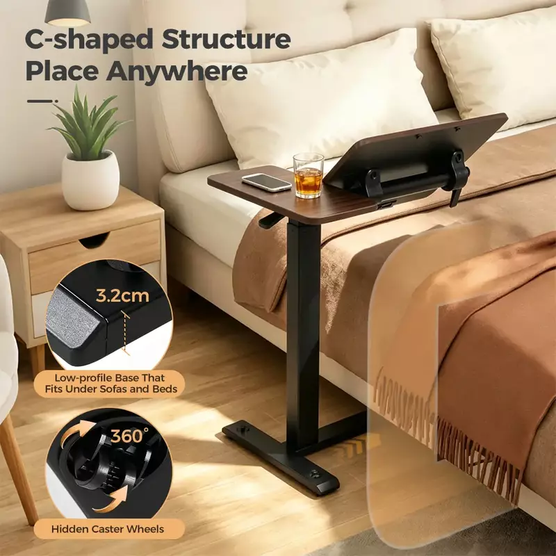 Mobile pneumatic side table with C-shaped base and lockable casters