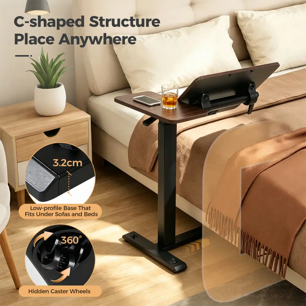 Mobile pneumatic side table with C-shaped base and lockable casters
