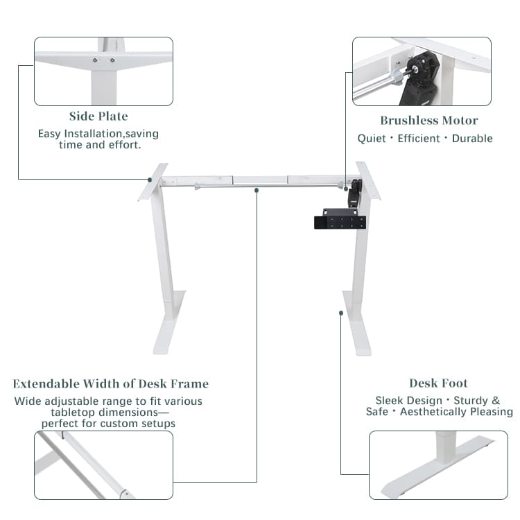 Detailed features of 2SABRF2(A) standing desk frame: easy installation side plate, brushless motor, extendable width, and sturdy desk foot.