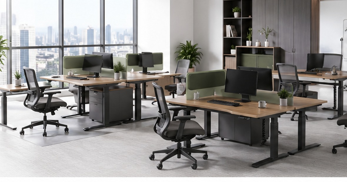 Modern enterprise office with ergonomic desks, office chairs and height adjustable workstations