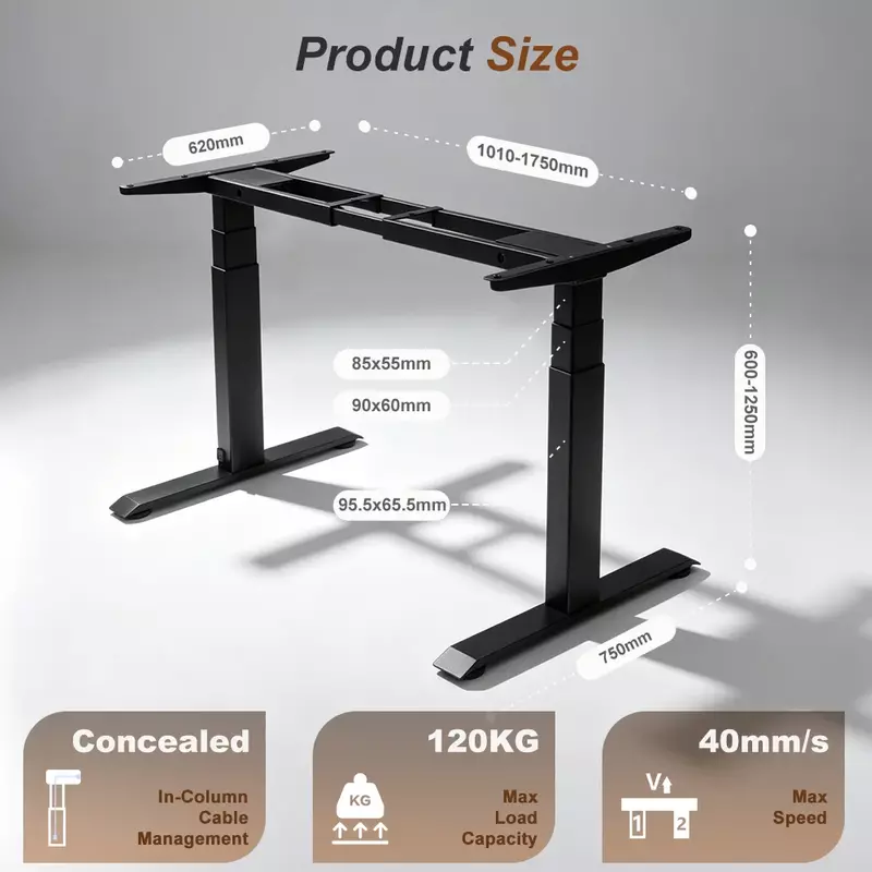 2TDIF3 standing desk frame dimensions and lifting specifications