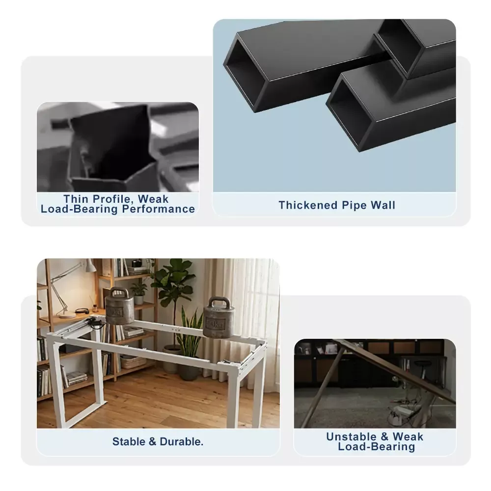 Comparison image: Dual motor standing desk frame with added cross braces for improved stability