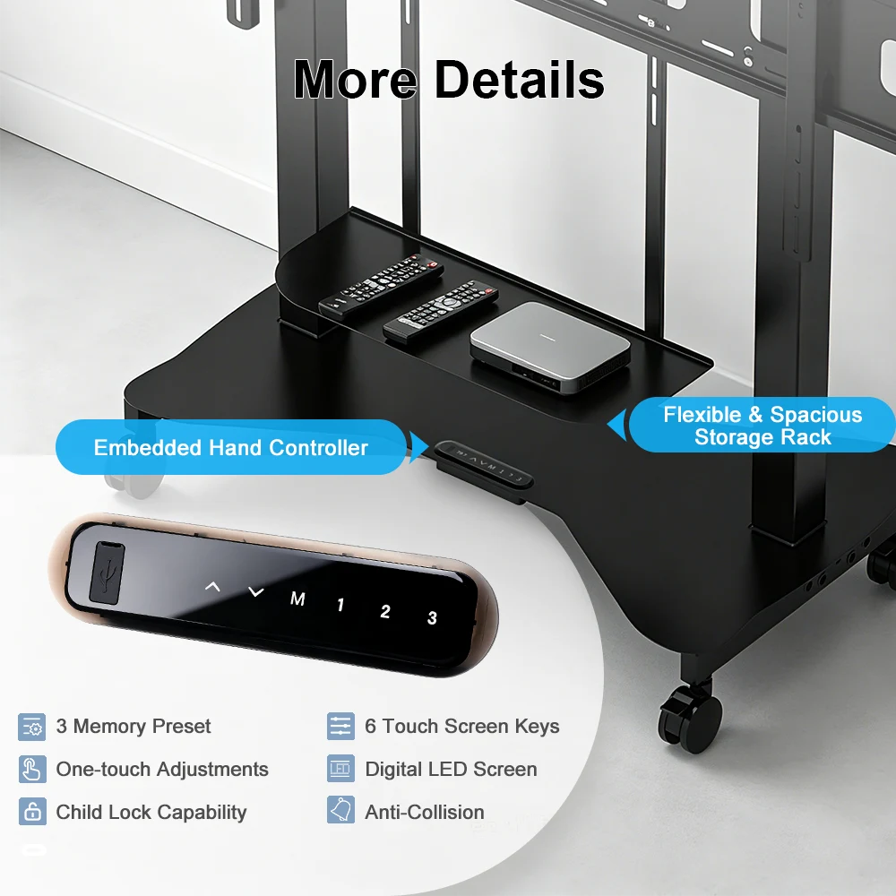 2YDTV(E) TV lift stand storage rack and embedded hand controller details
